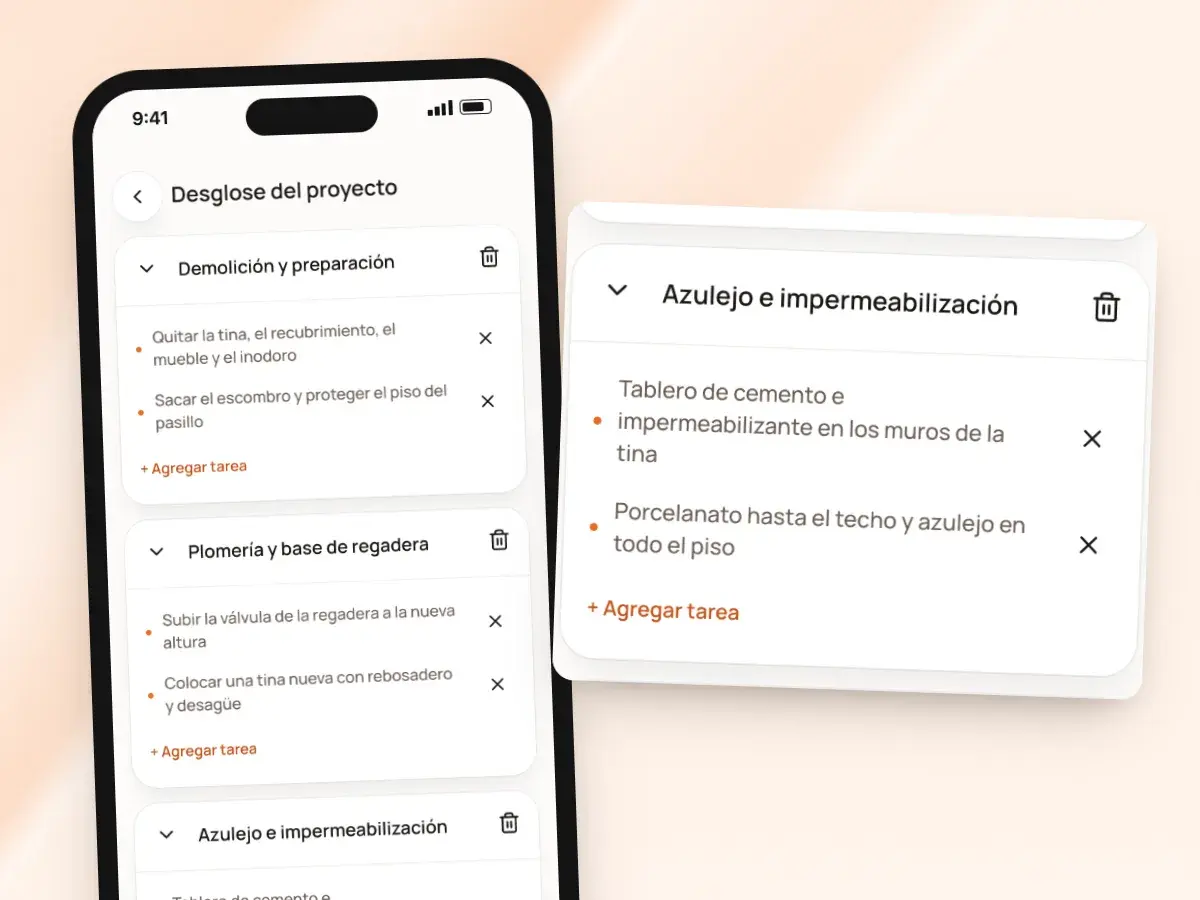 El desglose del proyecto antes de los precios: el trabajo por fases, cada una con tareas que puedes editar o quitar
