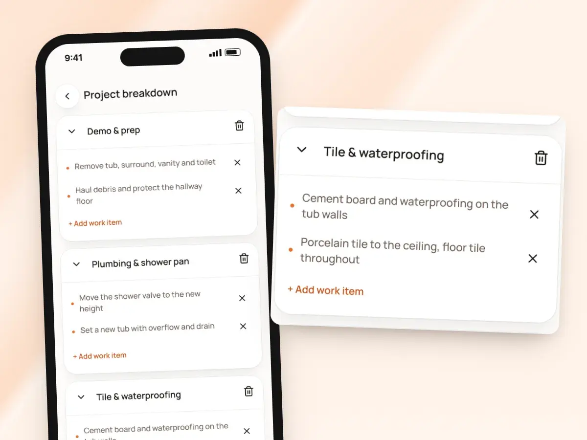 The project breakdown before pricing: the work in phases, each with items you can edit or remove