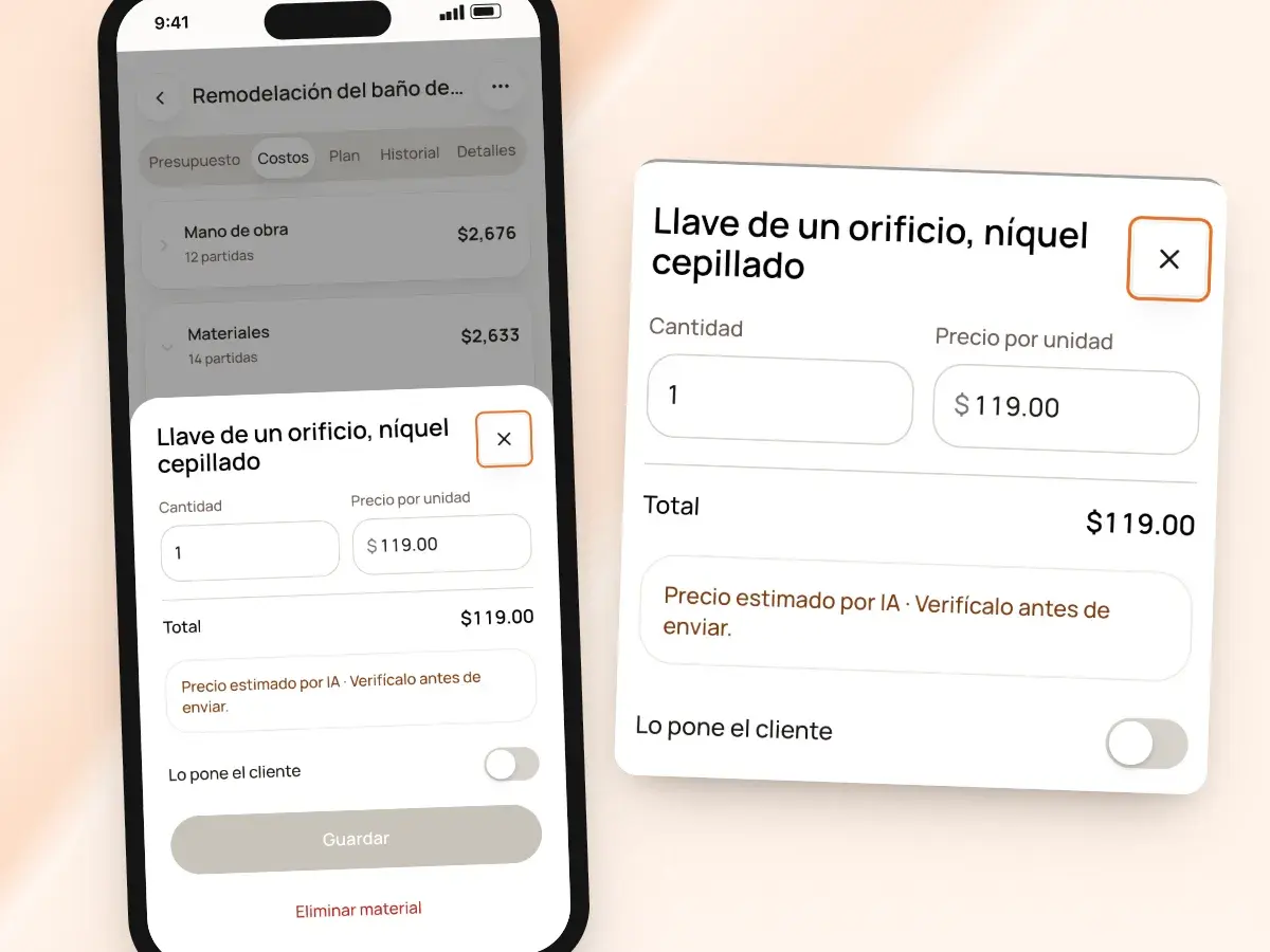 La hoja de un material en un teléfono con su precio estimado por IA marcado para verificar antes de enviar