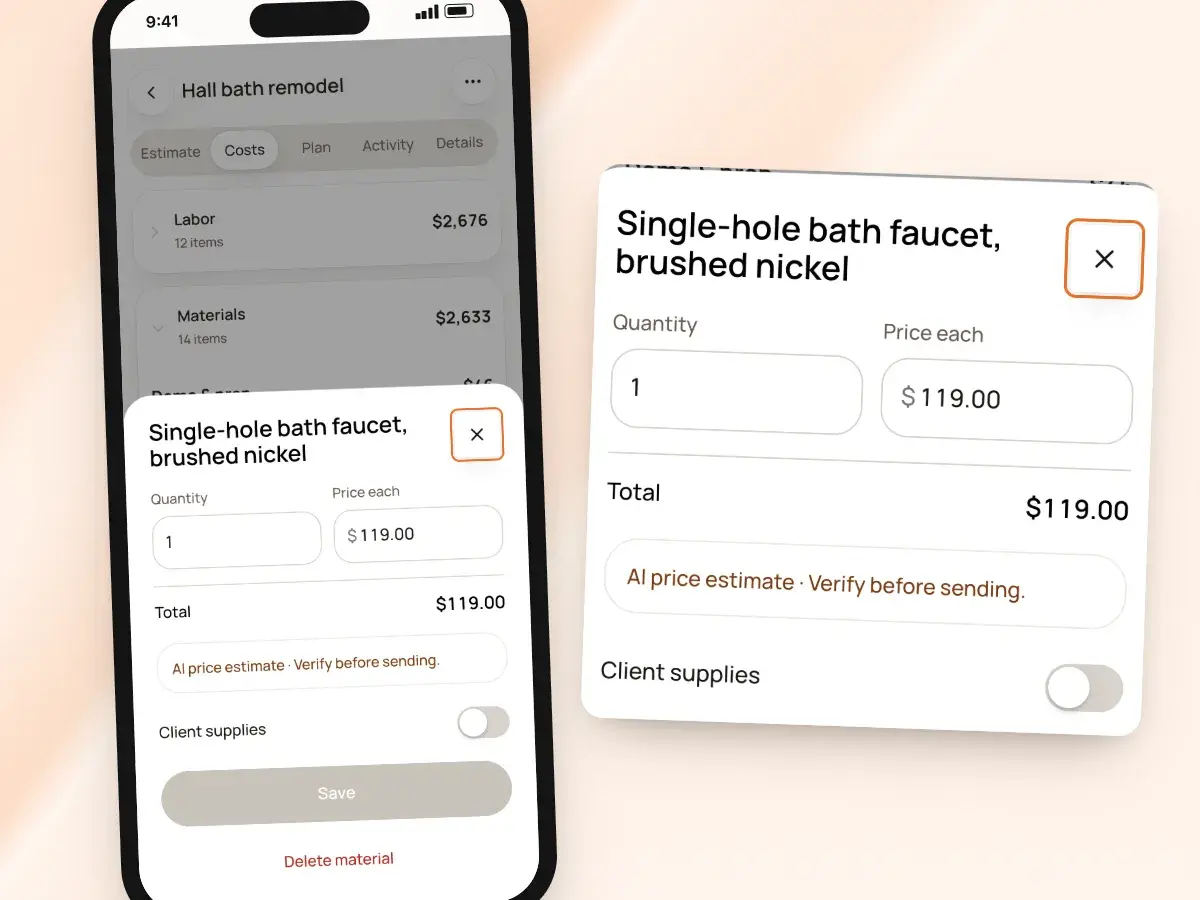 A material’s sheet on a phone with its AI price estimate flagged to verify before sending