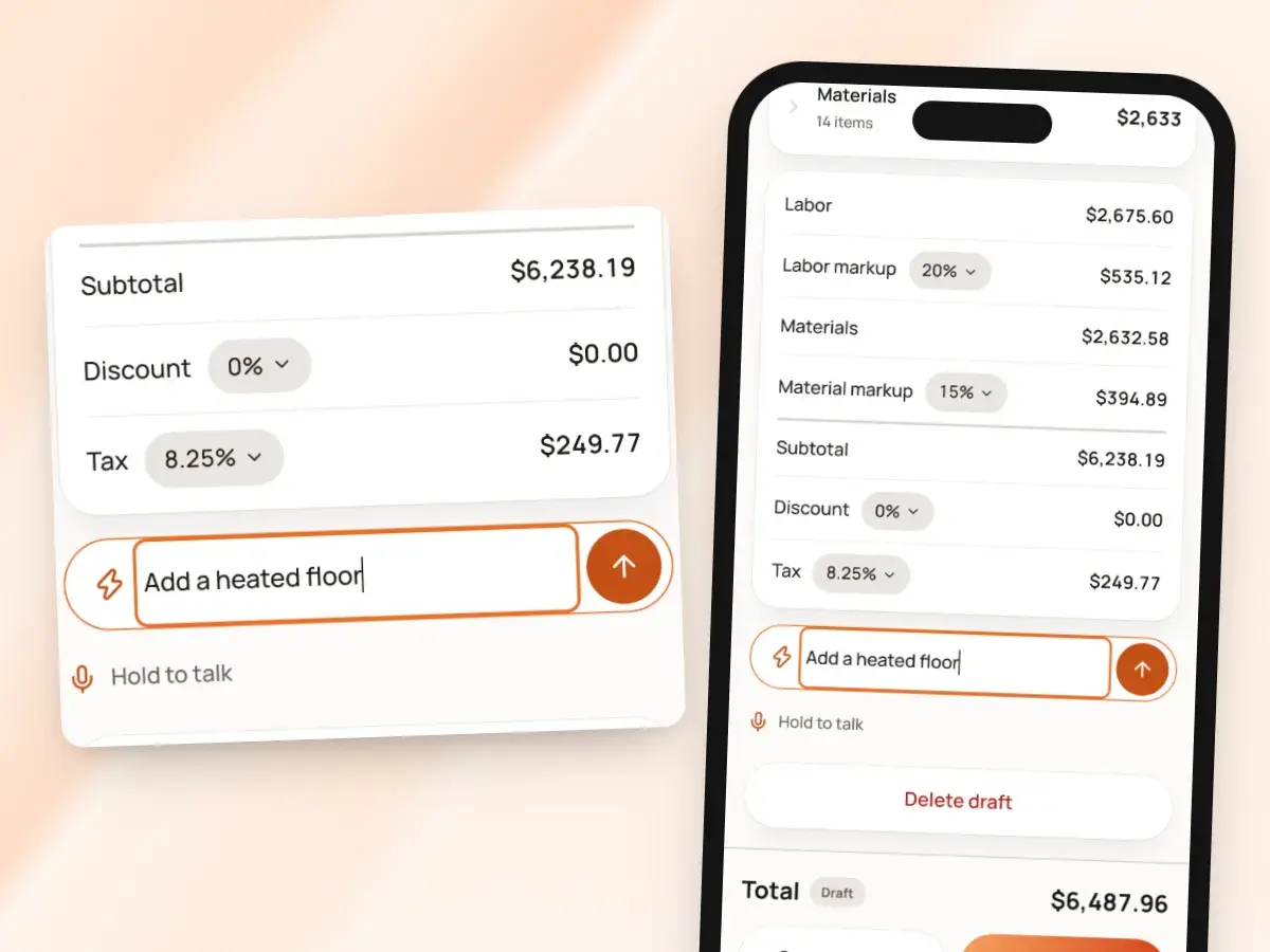 An estimate’s costs on a phone with a change typed into Edit with AI: add a heated floor