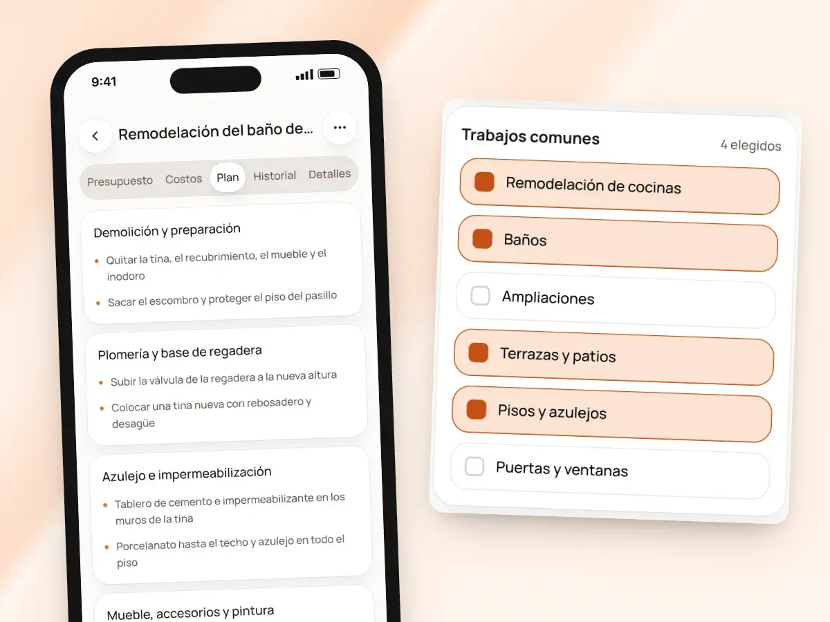 El plan de trabajo de un presupuesto por etapa en un teléfono, junto a los trabajos comunes elegidos para el negocio