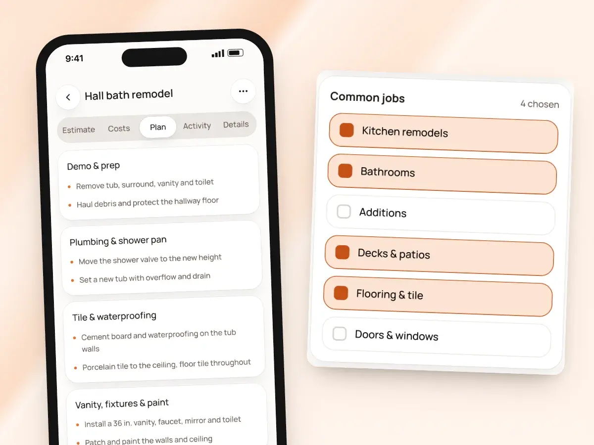An estimate’s plan of the work by job step on a phone, beside the common jobs chosen for the business
