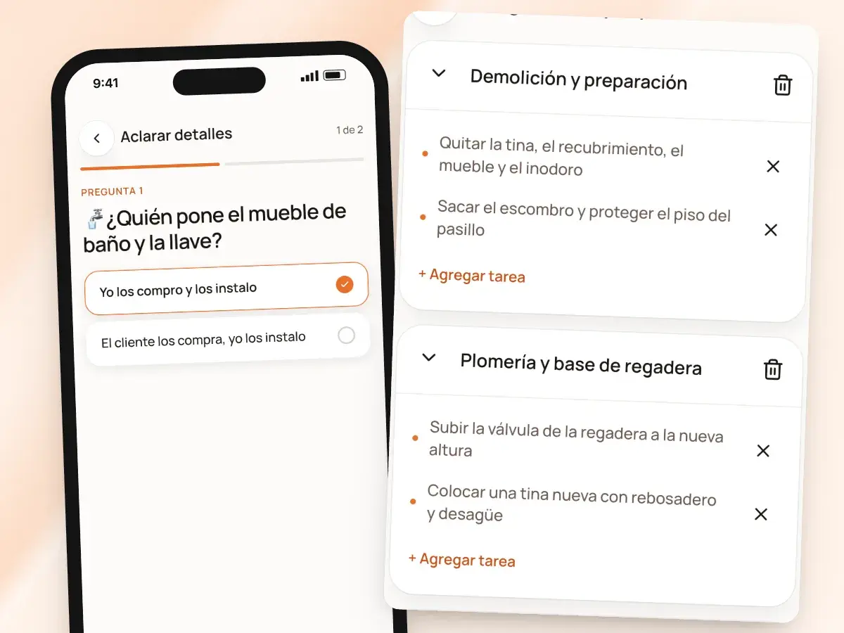 The app in Spanish: a clarifying question and the project breakdown, written in Spanish