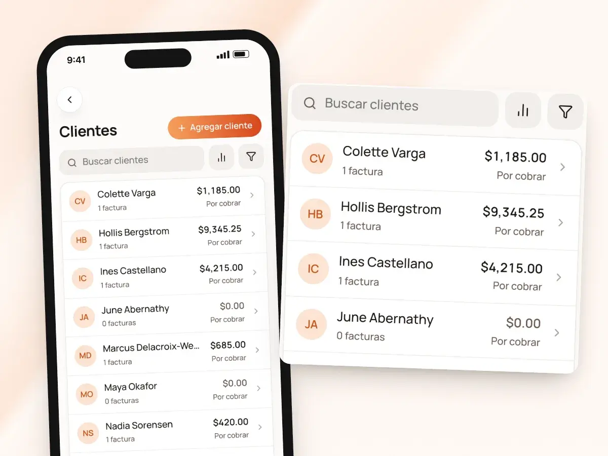 La lista de clientes en un teléfono con búsqueda, orden, filtros y el saldo pendiente de cada cliente