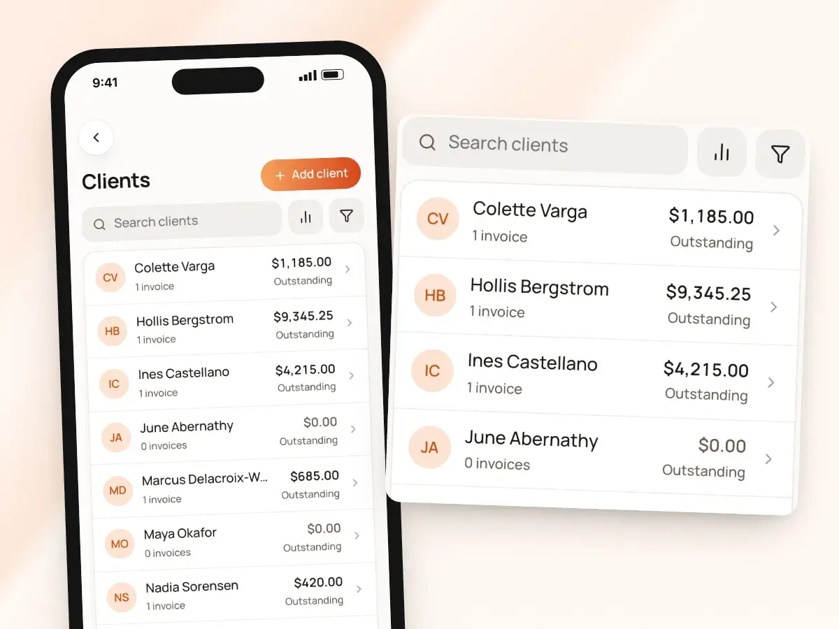 The client list on a phone with search, sorting, filters and each client’s outstanding balance