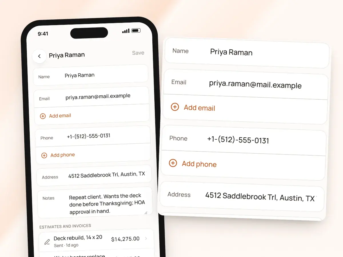 A client’s details on a phone: name, email, phone and address