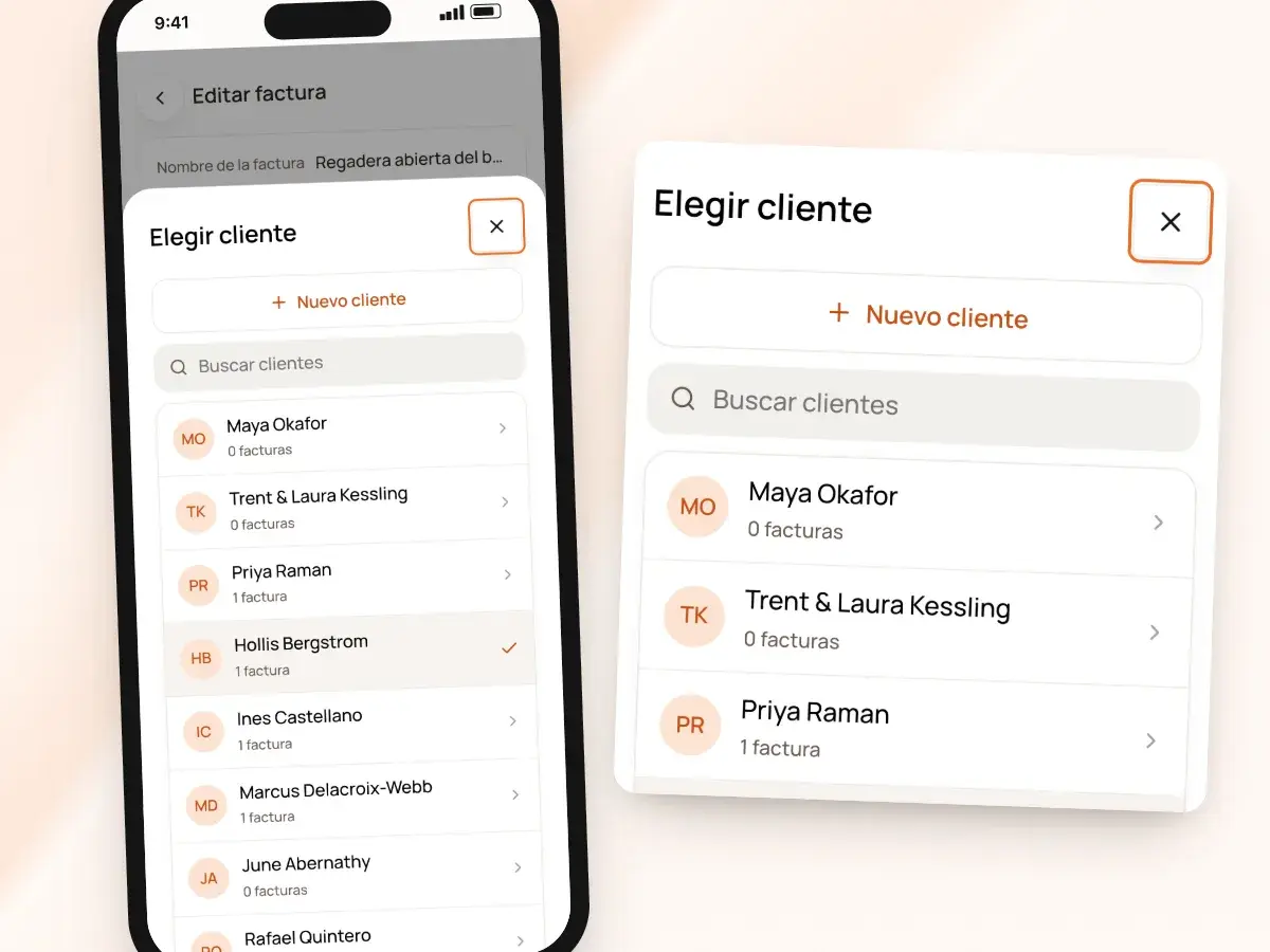 Eligiendo el cliente de una factura en la lista de clientes, o agregando uno nuevo
