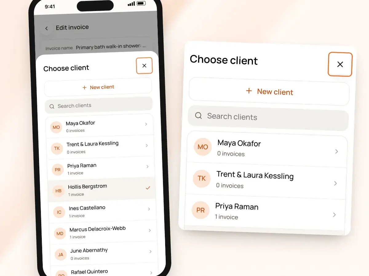 Choosing an invoice’s client from the client list, or adding a new client