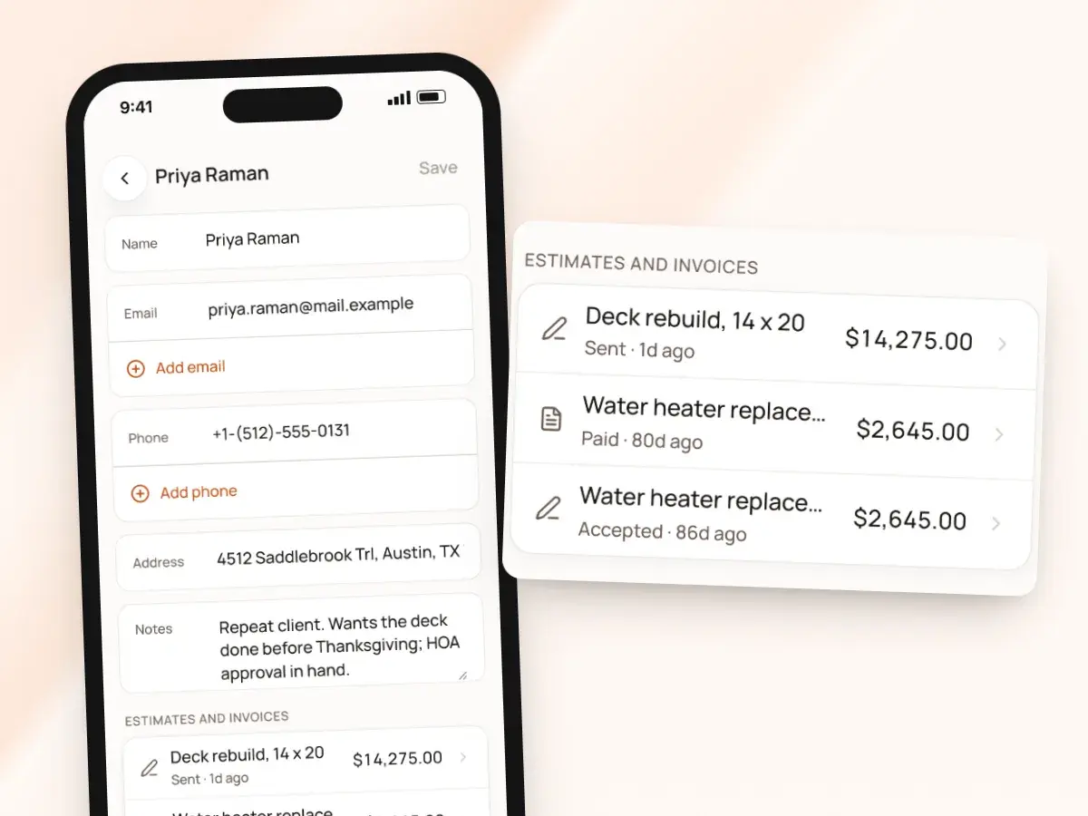 A client’s estimates and invoices on a phone, each with its status and amount
