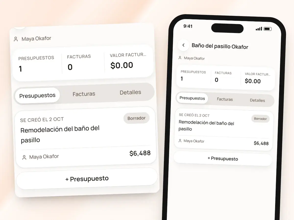 Un proyecto ligado a una clienta en un teléfono, con sus presupuestos, facturas y valor facturado