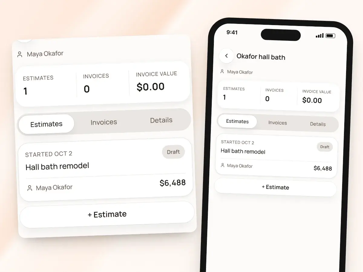 A project linked to a client on a phone, with its estimates, invoices and invoice value