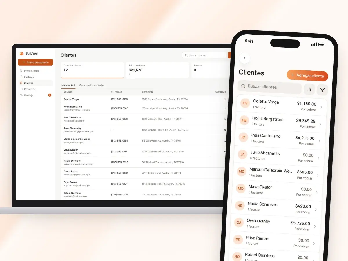 La lista de clientes en la app web en una laptop y en un teléfono