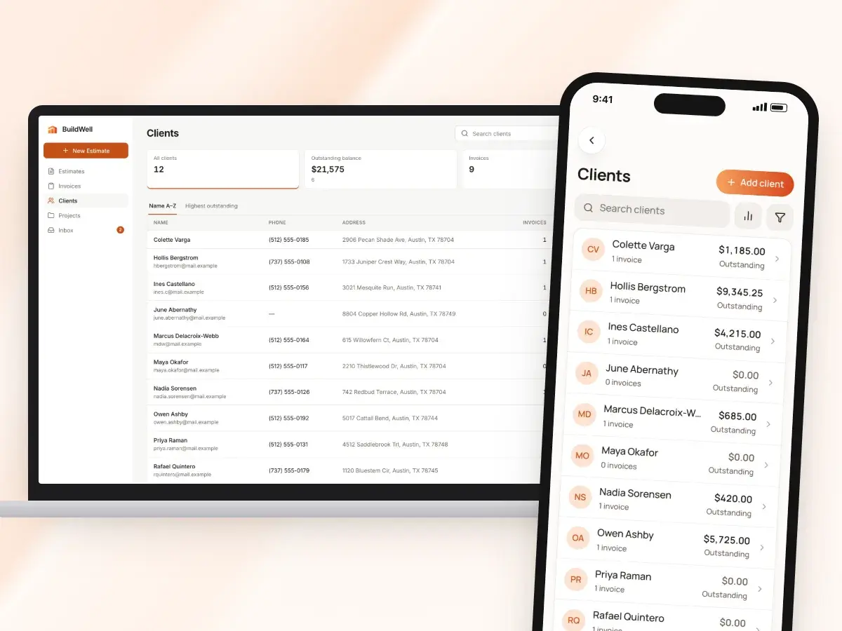 The client list in the web app on a laptop and on a phone