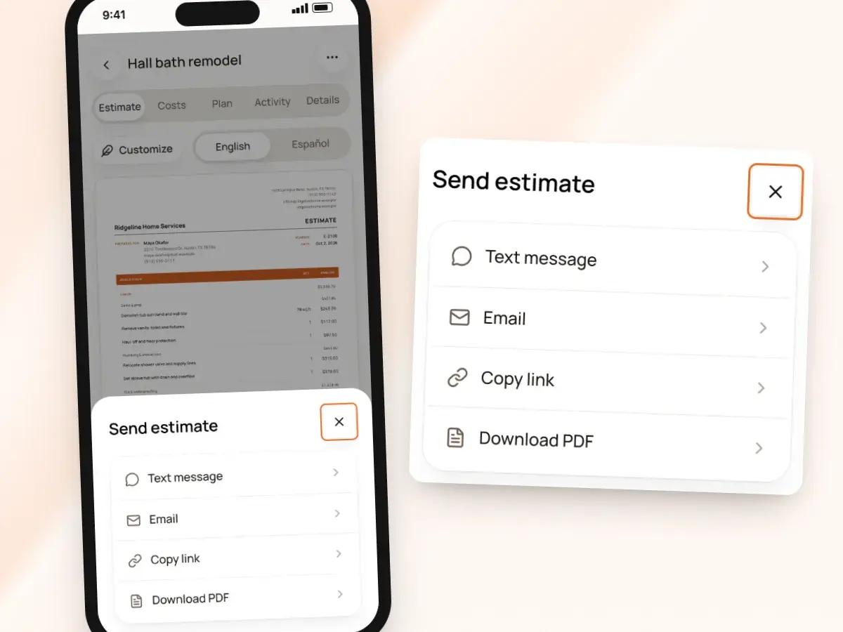 The Send estimate sheet on a phone: text message, email, copy link or download PDF