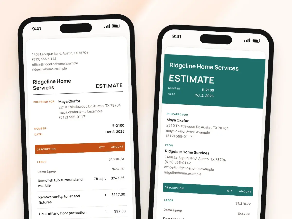The estimate as the client sees it on a phone, beside the six document designs in Customize