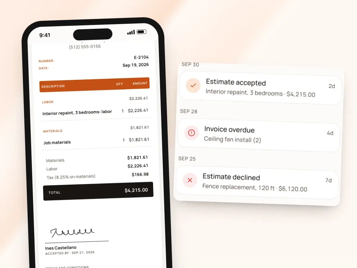 A signed estimate on the client’s phone, and the inbox with estimates accepted and declined