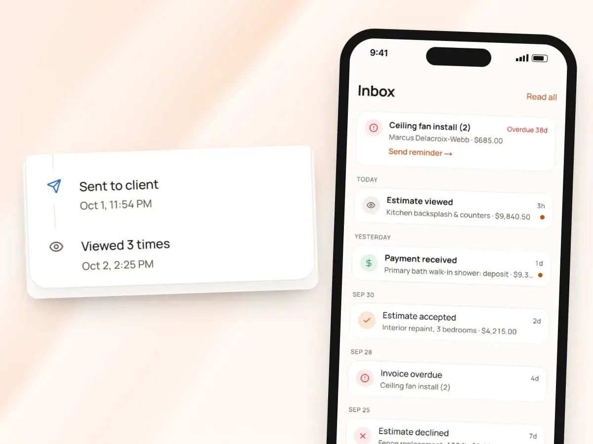 The inbox on a phone, and an estimate’s activity: sent to the client, viewed 3 times