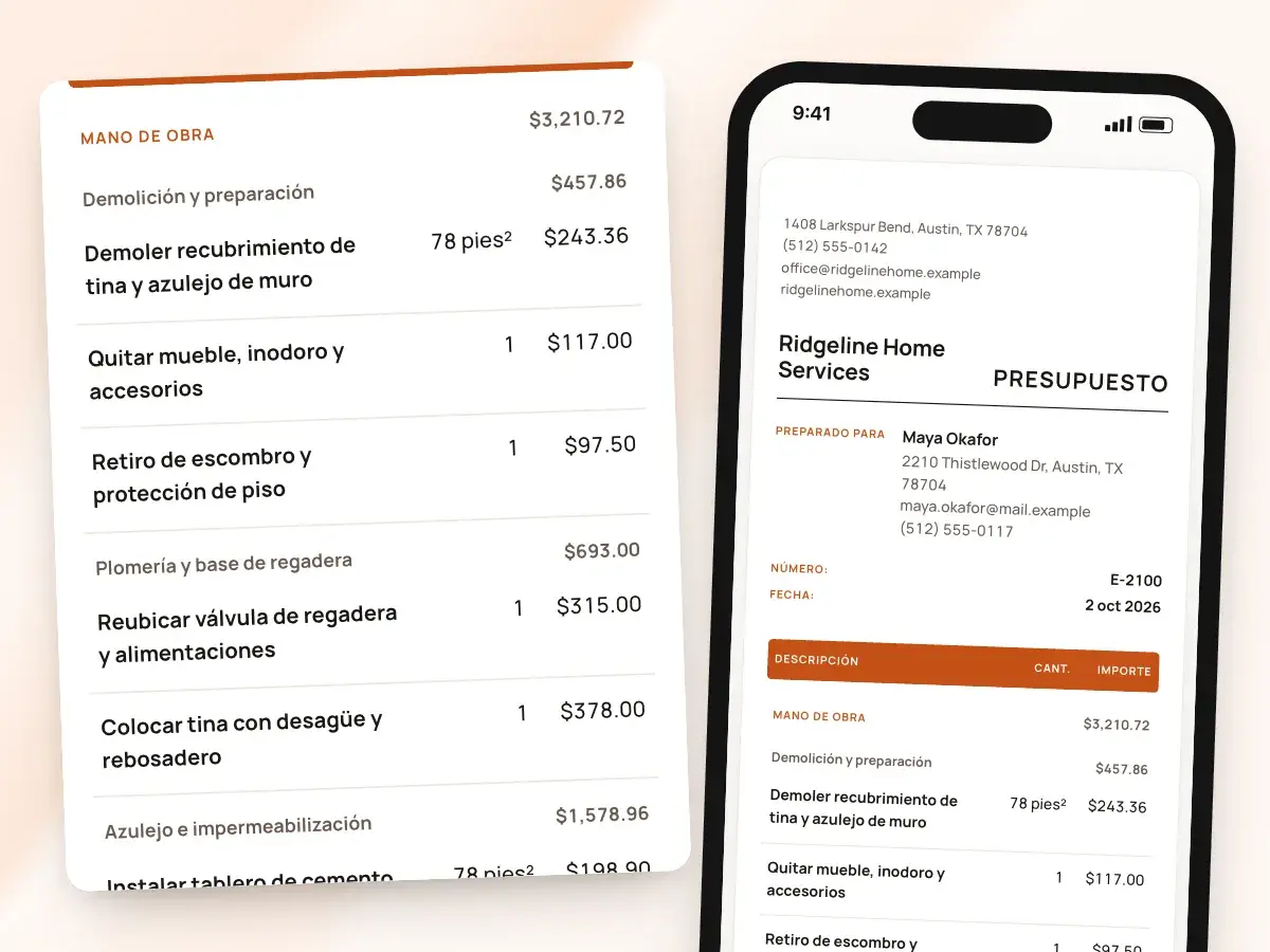 An estimate in Spanish on the client’s phone, titled Presupuesto, with Spanish labels and lines