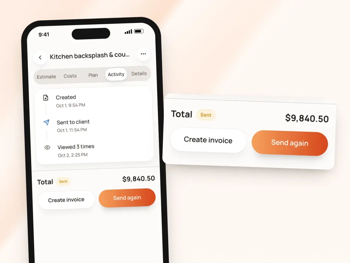 A sent estimate on a phone with Send again, after the client viewed it 3 times