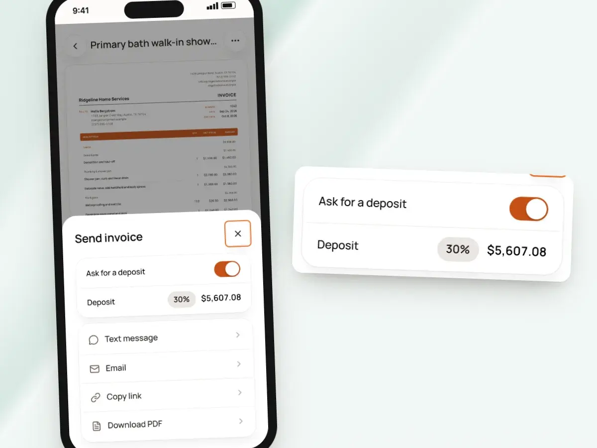 The Send invoice sheet on a phone with Ask for a deposit on, set to 30%