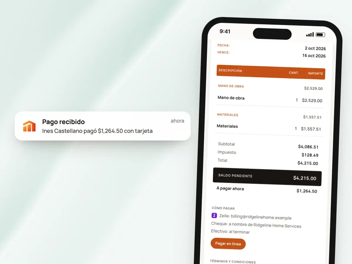 La página de la factura del cliente en un teléfono con el anticipo a pagar ahora y Pagar en línea, y un aviso de Pago recibido