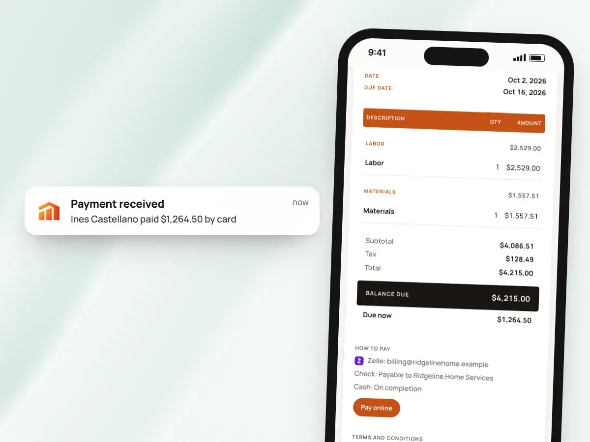 The client’s invoice page on a phone with the deposit due now and Pay online, and a Payment received notification