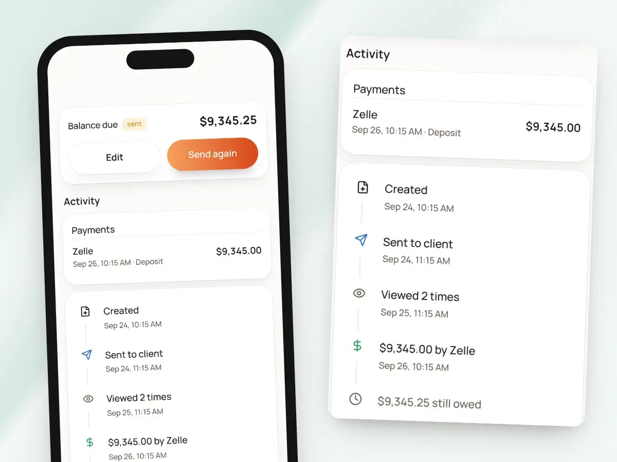 An invoice’s payments on a phone: the deposit paid by Zelle and the balance still owed