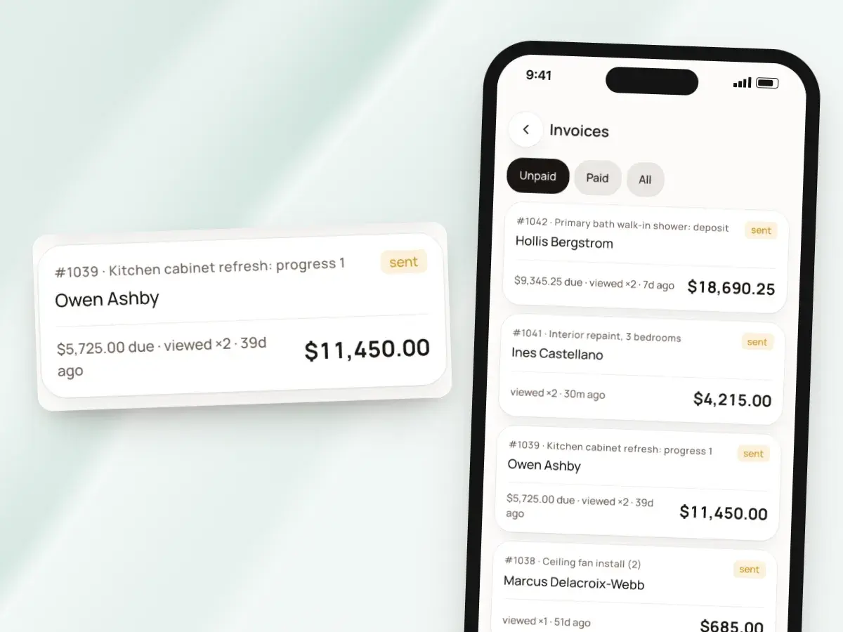 Unpaid invoices on a phone, including a first progress payment with part of it still due