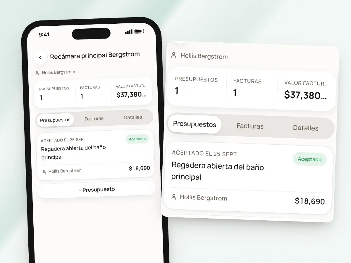 Un proyecto en un teléfono con su presupuesto aceptado, su factura y el valor facturado