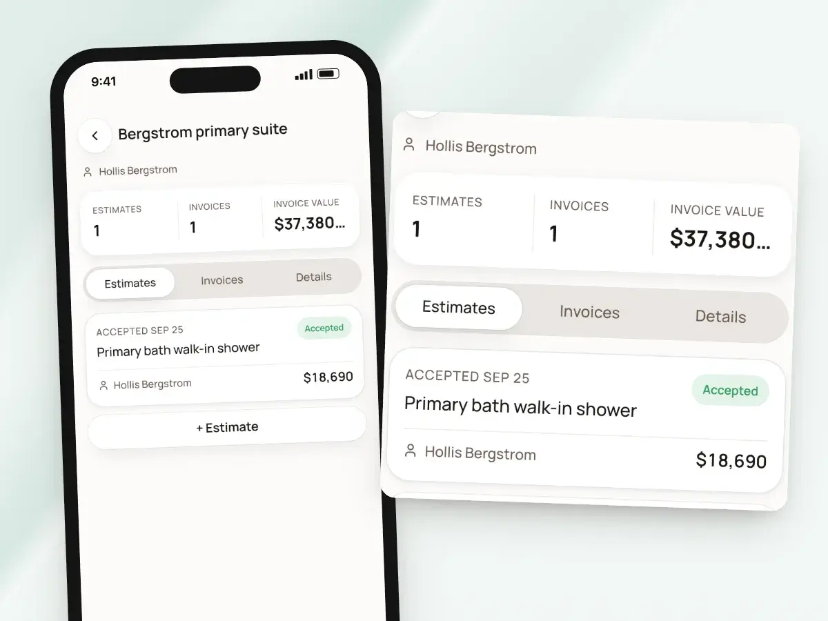 A project on a phone with its accepted estimate, its invoice and the invoice value