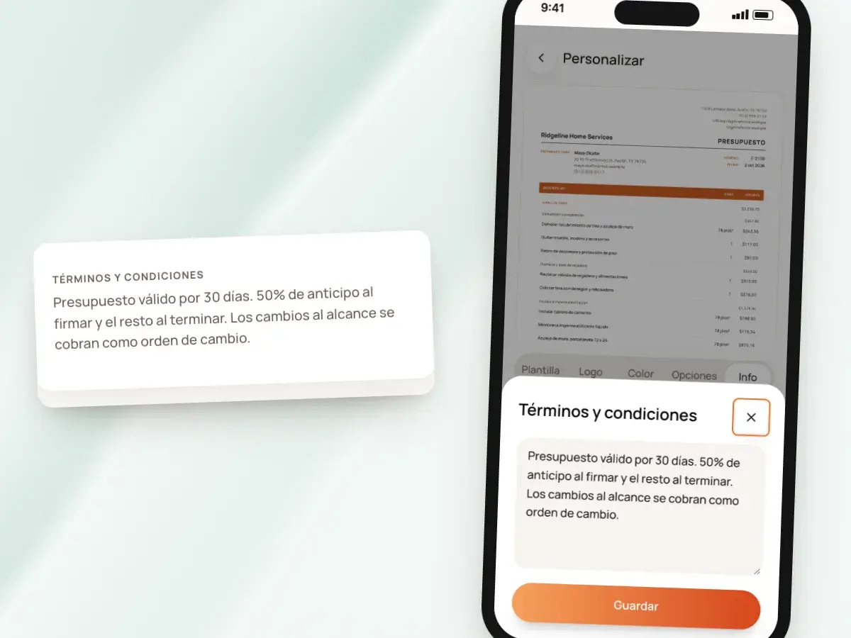 Editando los términos y condiciones en Personalizar, y los términos del anticipo como se imprimen en el documento