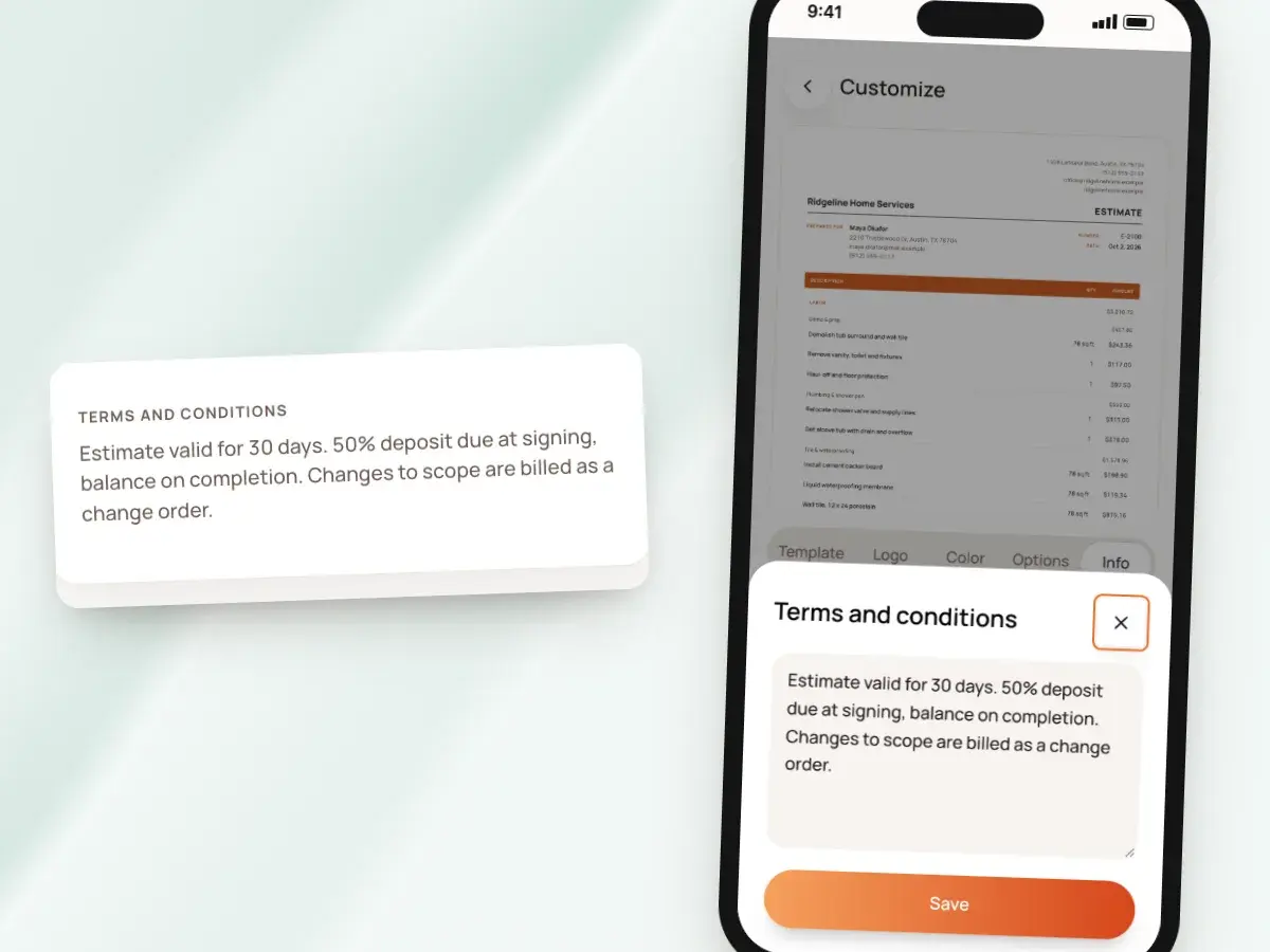 Editing the terms and conditions in Customize, and the deposit terms as they print on the document