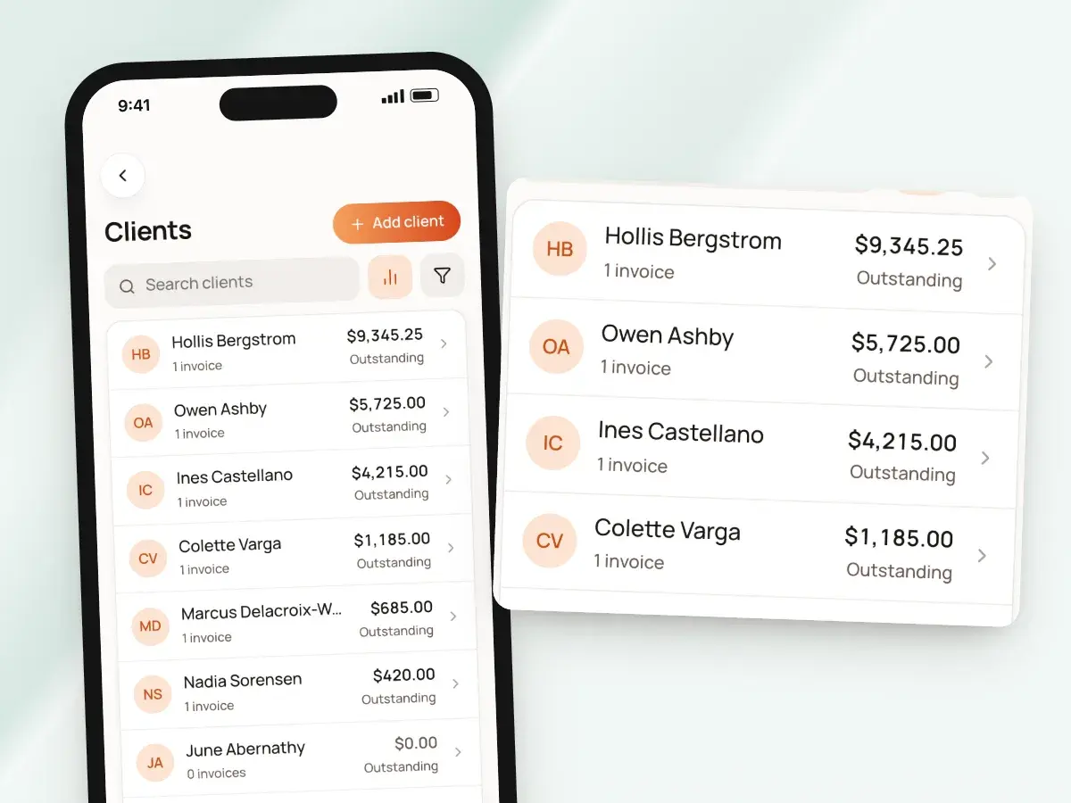 Clients sorted by highest outstanding balance on a phone