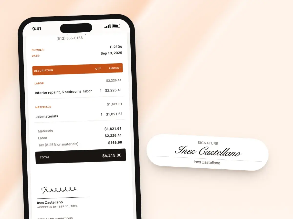 A signed estimate on the client’s phone, with her signature