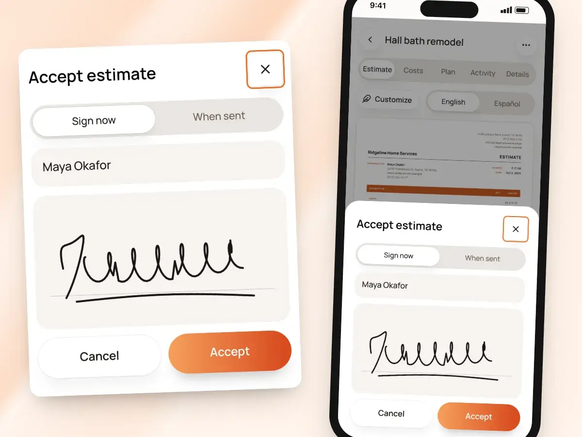 Collecting the client’s signature on the contractor’s phone: name, signature pad and Accept