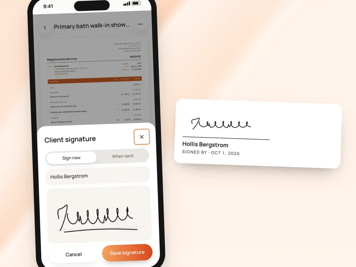 Collecting the client’s signature on an invoice, and the Signed by block it prints