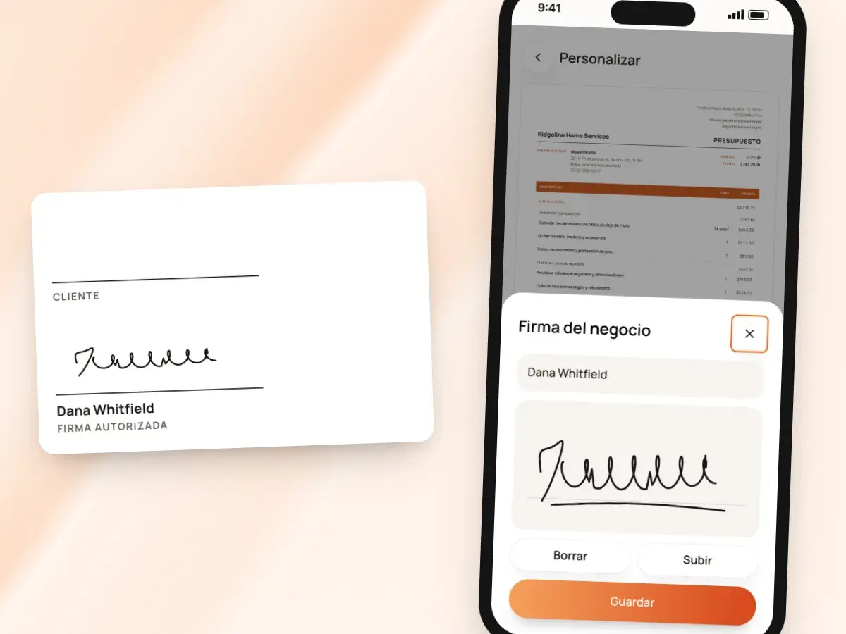 Dibujando la firma del negocio en Personalizar, y la firma autorizada que se imprime en el documento