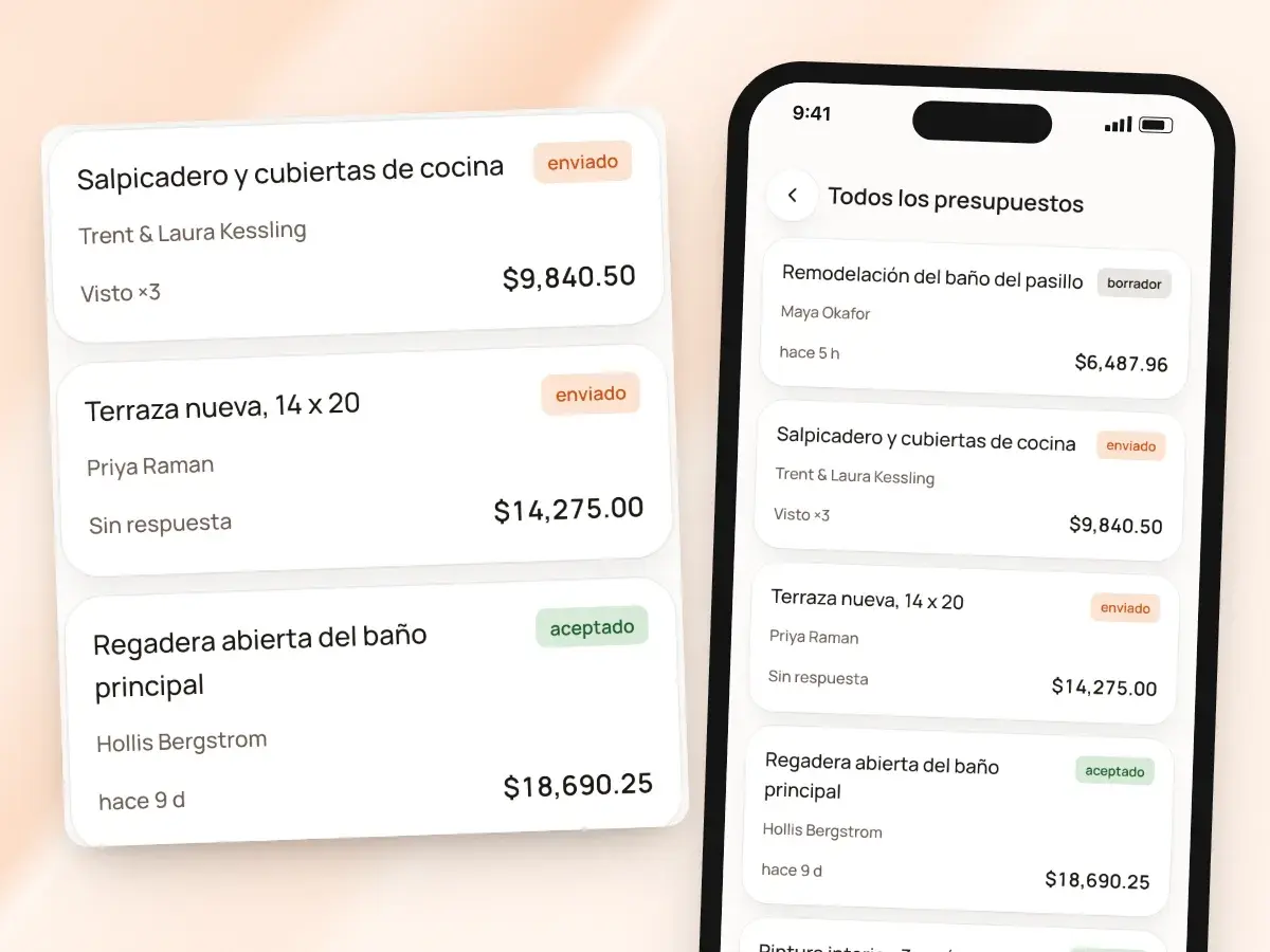 La lista de presupuestos en un teléfono, cada uno con su estado: enviado, visto, sin respuesta o aceptado