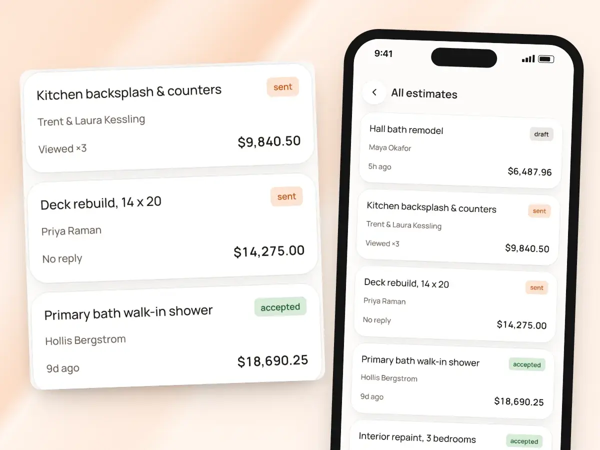 The estimates list on a phone, each with its status: sent, viewed, no reply or accepted