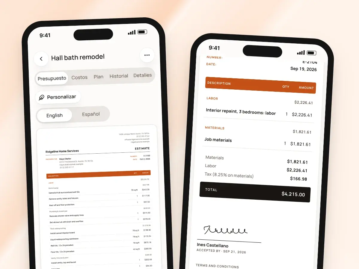 La app en español con el presupuesto cambiado a English, y la copia firmada del cliente en inglés