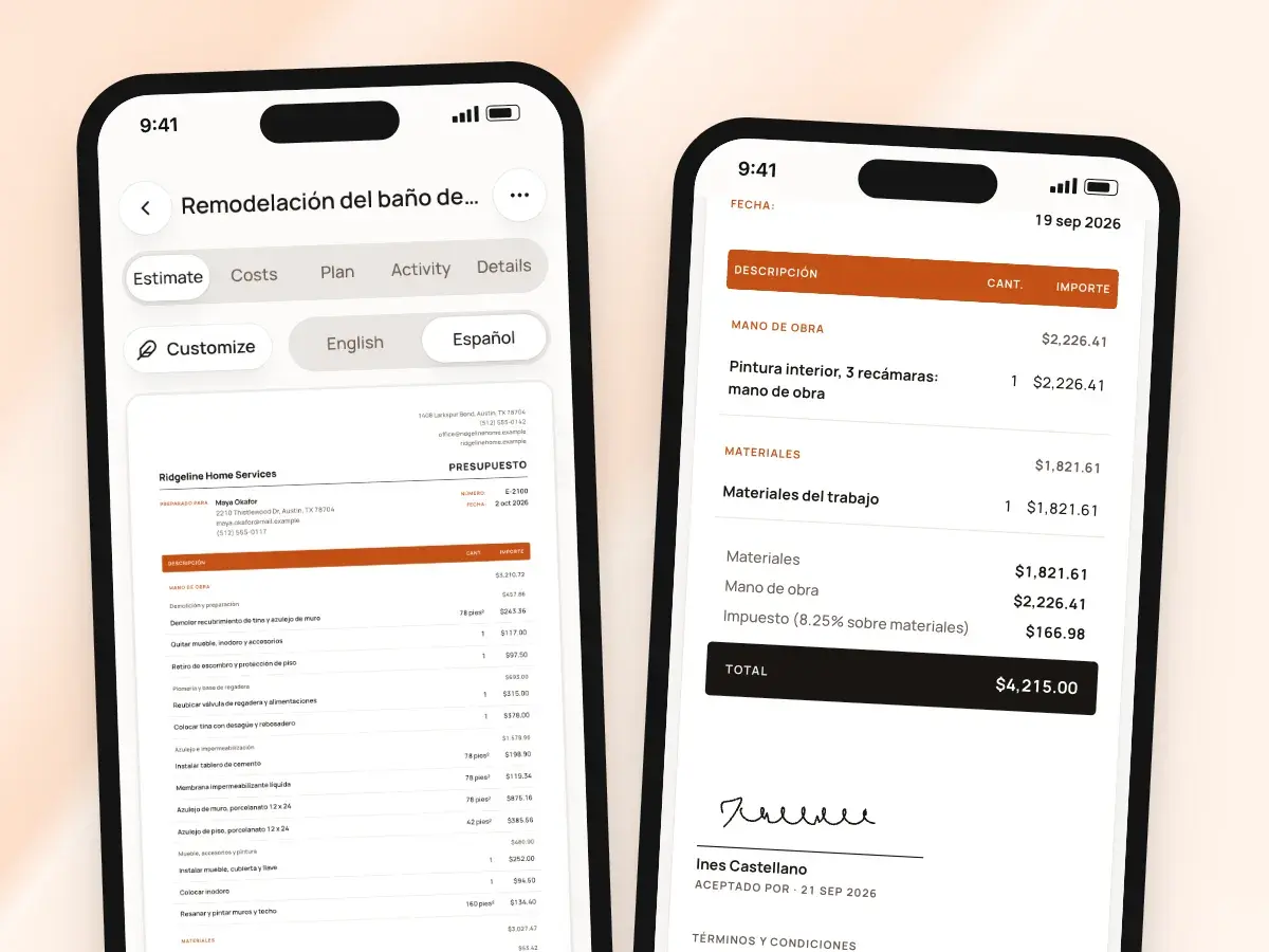 The app in English with the estimate switched to Español, and the client’s signed copy in Spanish
