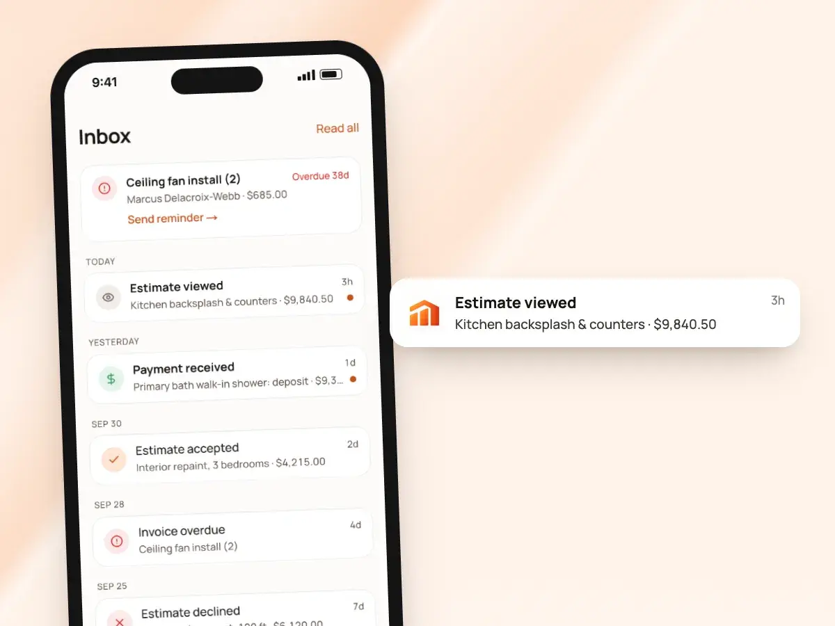 The inbox on a phone and an Estimate viewed notification
