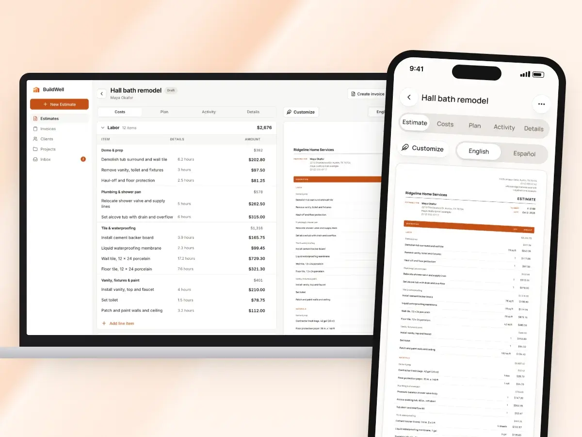 An estimate in the web app on a laptop and on a phone