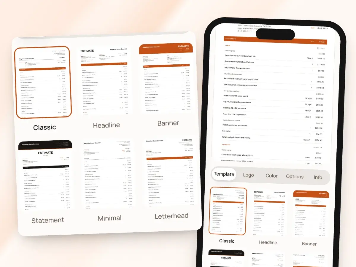 The same estimate in the six document designs: Classic, Headline, Banner, Statement, Minimal and Letterhead