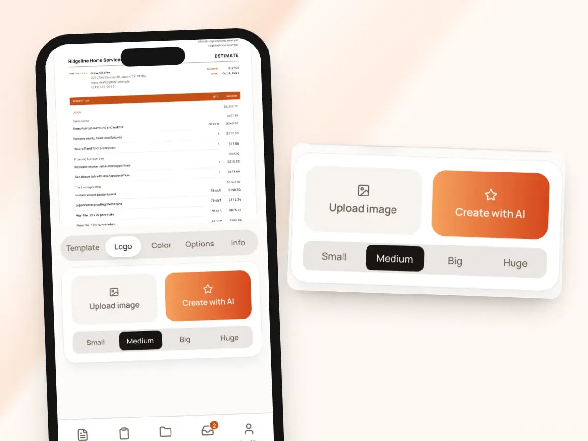 The logo options in Customize: upload an image or create one with AI, in four sizes