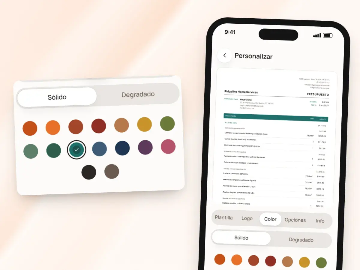 Los colores de marca en Personalizar, con la vista previa del documento en el color elegido