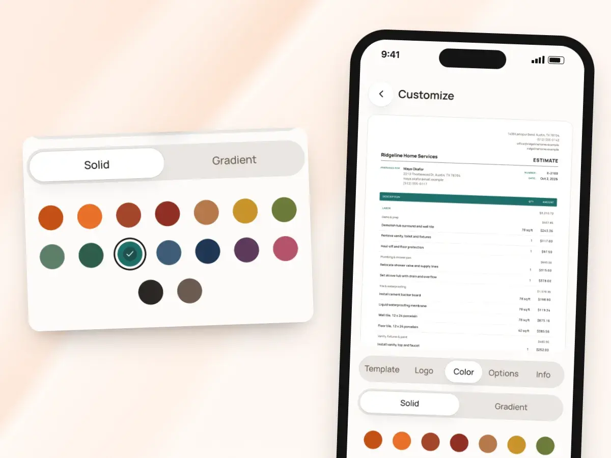 Brand color swatches in Customize, with the document preview in the chosen color