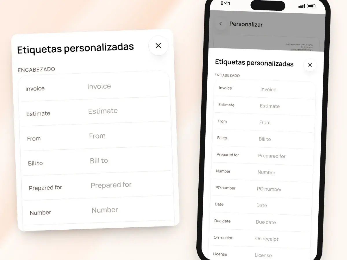 Etiquetas personalizadas en Personalizar: tus propias palabras para Invoice, Estimate, From, Bill to y más