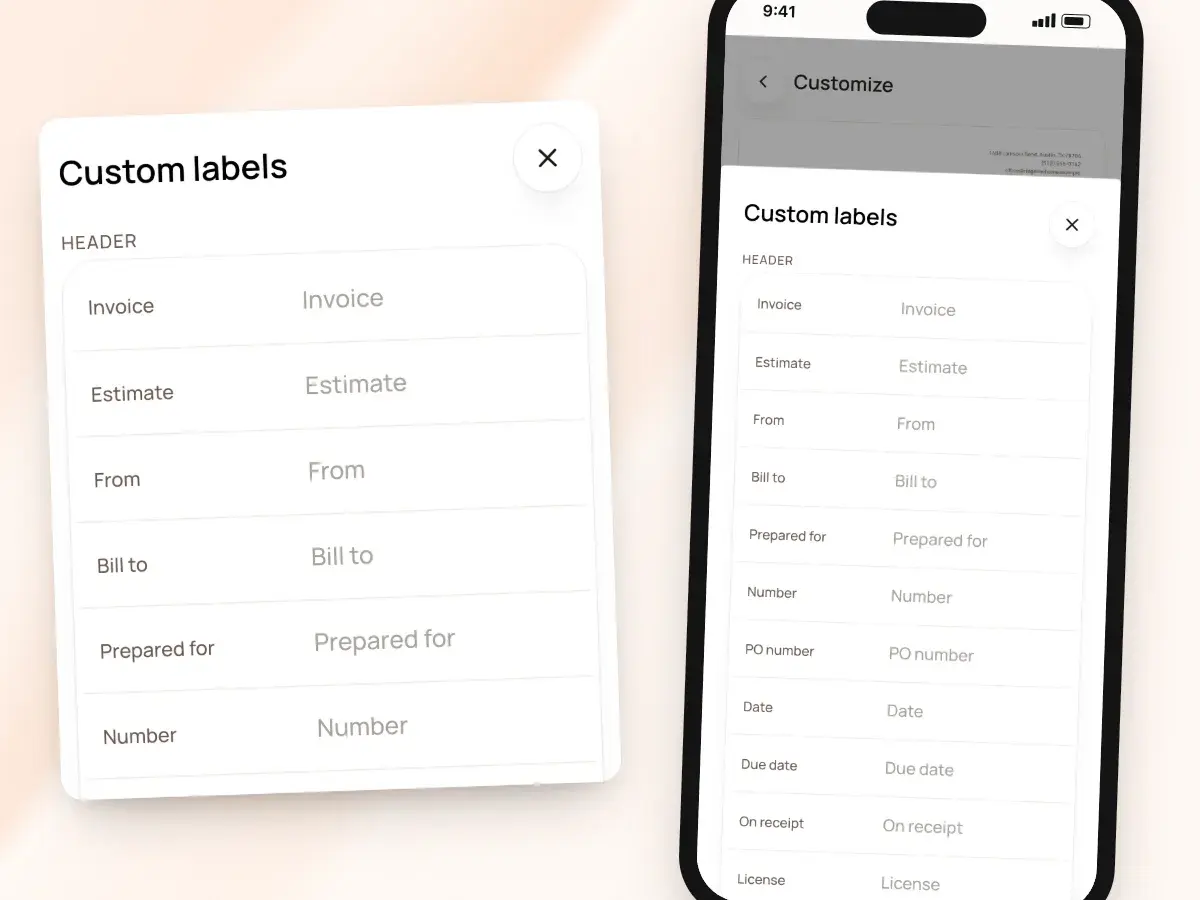 Custom labels in Customize: your own words for Invoice, Estimate, From, Bill to and more
